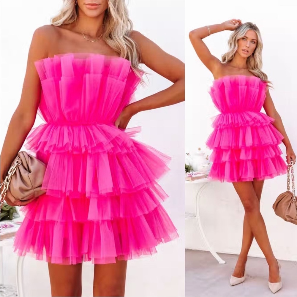 🦃BLACK FRIDAY SALE🦃 Life Of The Party Hot Pink Layered Tulle Mini Dress - Picture 15 of 15